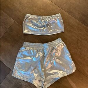 Silver Metallic Tube Top and Elastic Waist Shorts Set